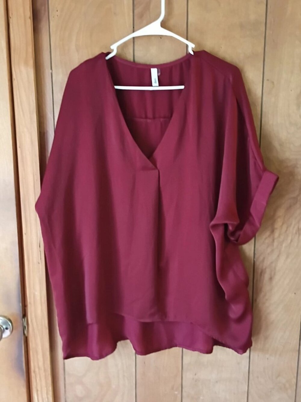 Glam Oversized Burgundy V-Neck Pullover Blouse Top Size Large Polyester Flowy